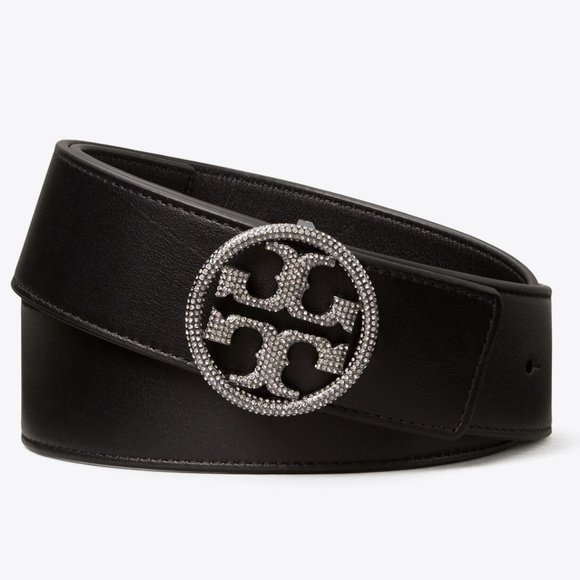 Tory Burch $248 WIDE Embellished Crystal Paved  Logo Buckle Leather Belt XS S